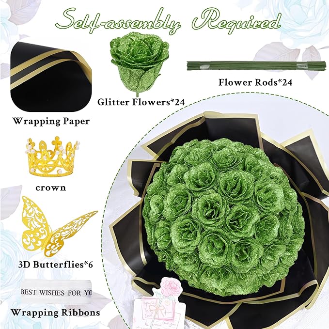 Waipfaru Glitter Roses Bouquet, DIY Green Fake Flowers Bouquet, Birthday Gifts for Women Mom, 24 Pcs Rose for Wife Girlfriend Valentines, Mothers Day, Graduation, St. Patrick's Day