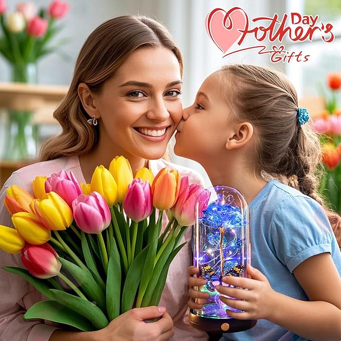 Christmas Rose Gifts for Women, Womens Gift for Christmas Rechargeable Galaxy Glass Rose Light Up Roses In Glass Dome Crystal Flower Butterfly Birthday Xmas Gifts for Women Mom Wife Grandma Her Blue