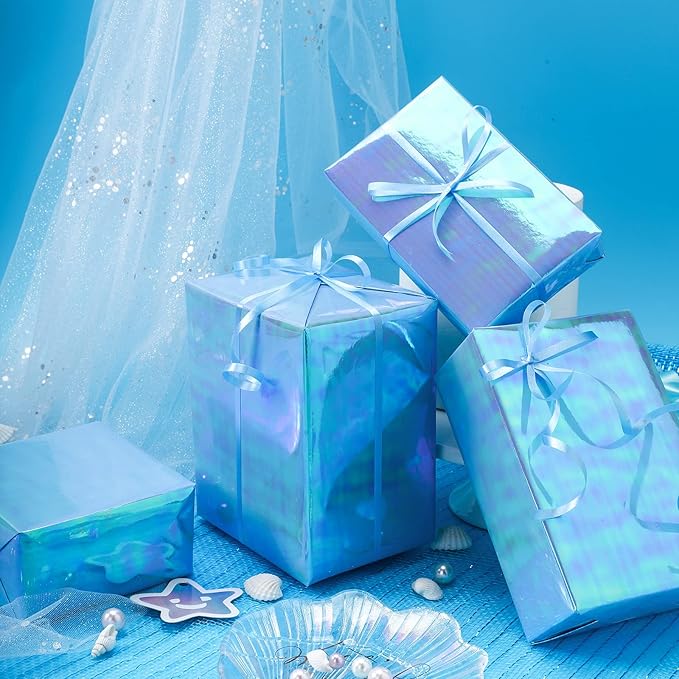 LeZakaa Blue Wrapping Paper Roll - Holographic Iridescent Wrapping Paper for Birthday, Valentine's, Mother's Day, Holiday - 17 inches x 32.8 Feet (47.23 sq.ft.)