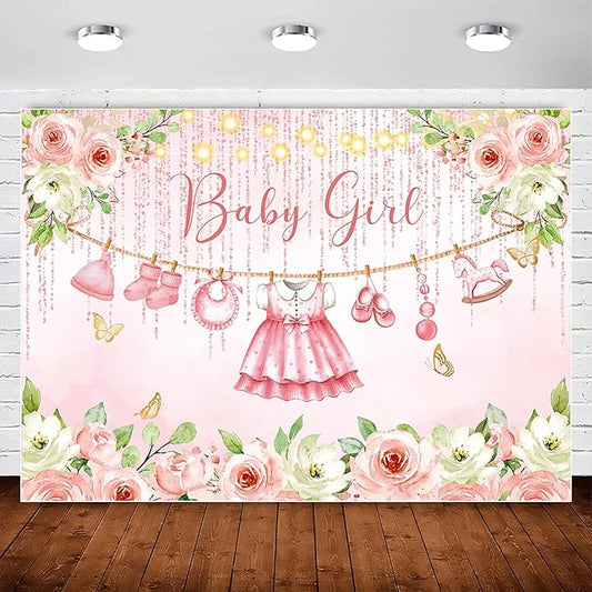 InMemory Baby Girl Shower Backdrop Pink Floral Decorations Glitter Rose Gold Clothes Photography Background Its a Sweet Girls Party Banner Photo Booth Supplies 10x7ft