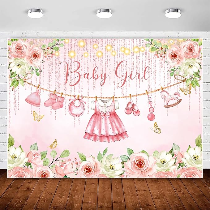 InMemory Girl Baby Shower Backdrop Pink Floral Baby Shower Decorations,Glitter Rose Gold Newborn Clothes Photography Background It's a Sweet Baby Girls Shower Party Banner Photo Booth Supplies 8x6ft