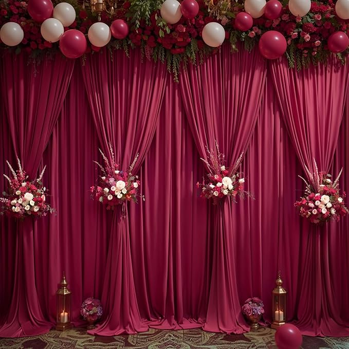 Burgundy Backdrop Curtains - 8 Panel Wrinkle-Free Polyester Photography Drapes for Baby Shower & Birthday Party - 32 X 10FT