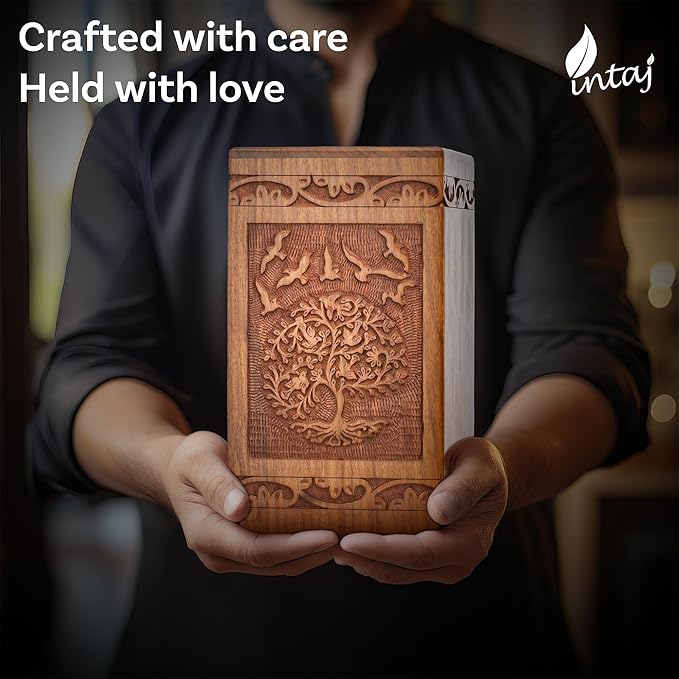 INTAJ Tree of Life Wooden Urn for Human Ashes, 115lbs Capacity, Suitable for Burial for Men, Women, Mom, Dad - Mini Rosewood Keepsake Cremation Urn for Ashes Handcrafted - Wooden Carved Box