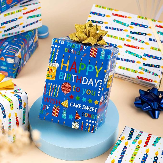 Homeral Blue Birthday Wrapping Paper Roll - Happy Birthday Lettering & Colorful Candles, Reversible Design for Boy Baby Shower, Party - Mini Roll - 17 Inch x 33 Feet