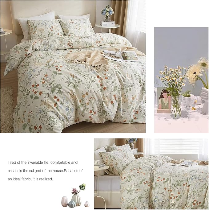 Vintage Floral Comforter Set Full Garden Style Flower Leaves Botanical Bedding Comforter with 2 Pillowcases Fluffy Soft Girls Cottagecore Bedding Set Aesthetic Flower Comforter Set for All Season
