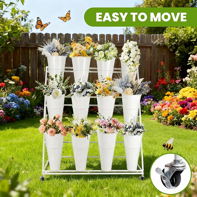 Flower Display Stand 3 Layers with 12 PCS Round Buckets, Plant Stand with Wheels, Movable Metal Plant Stand for Terrace Garden, Florist Shop, Wedding, Party, Easy to Install (White)