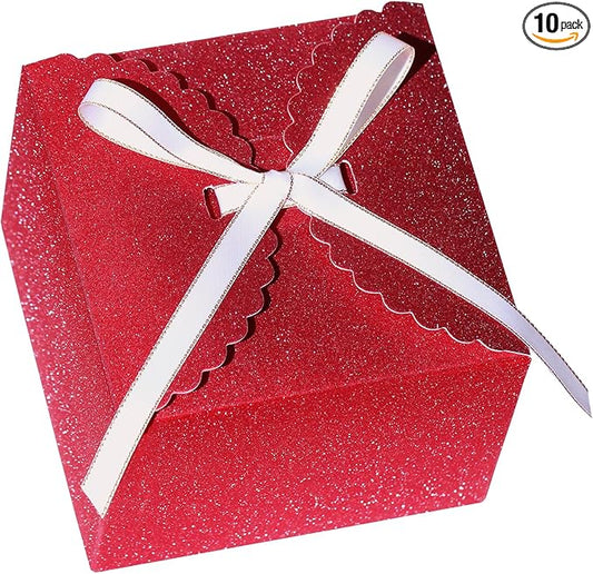Small Red Glitter Gift Boxes, 10 PCS Premium Paper Box for Christmas, Birthday, Valentine's, Mother's Day, Party, Holiday Presents(4.75” x 4.75” x 3.53”)
