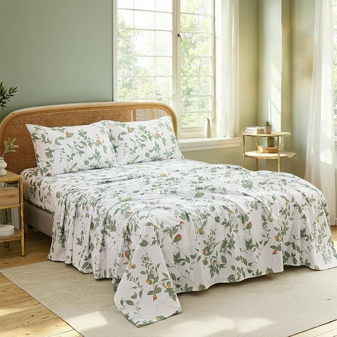 100% Cotton Sheets Set King Size – 4 Pieces Luxury Breathable Percale Cotton Bedding with Deep Pockets, Crisp Cool Feeling, Soft&Durable, Refined Botanical Elegance, Green Floral Bed Sheets
