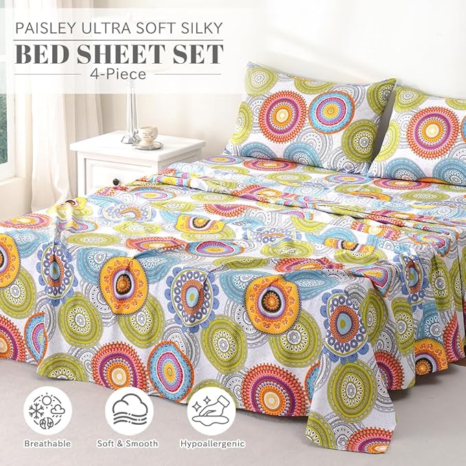 Bedlifes Queen Sheet Set Ultra Soft, Breathable, Silky Flower Deep Pocket 100% Microfiber Bedding, 4 Piece Queen Size Mandala Patterned