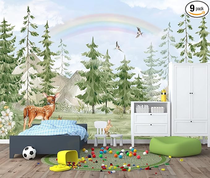Green Pine Tree Wallpaper Safari Wallpaper Mural for Kids Room Nursery （Not Peel and Stick）