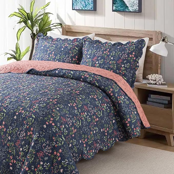 Travan 3-Piece Quilt Set Quilted Bedspread Lightweight Coverlet Set Garden Style Floral Printed Oversized Quilted Bedding Set for All Season, Blue Flower Sea, King Size