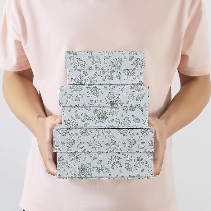 Soul & Lane Decorative Cardboard Storage Boxes, Set of 3 Light Green Floral Pattern Keepsake Boxes with Magnetic Closure, Nesting Memory Storage for Organizing and Home Décor, Blossom Harmony