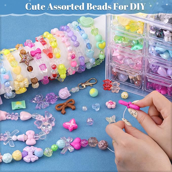 Assorted Acrylic Beads, 500-550PCS 8 Colors Series Cute Beads for Bracelet Making, GummyBear Bow Candy Kawaii Charms for Jewelry Making DIY Necklace Keychain Phone Charm Christmas Gift