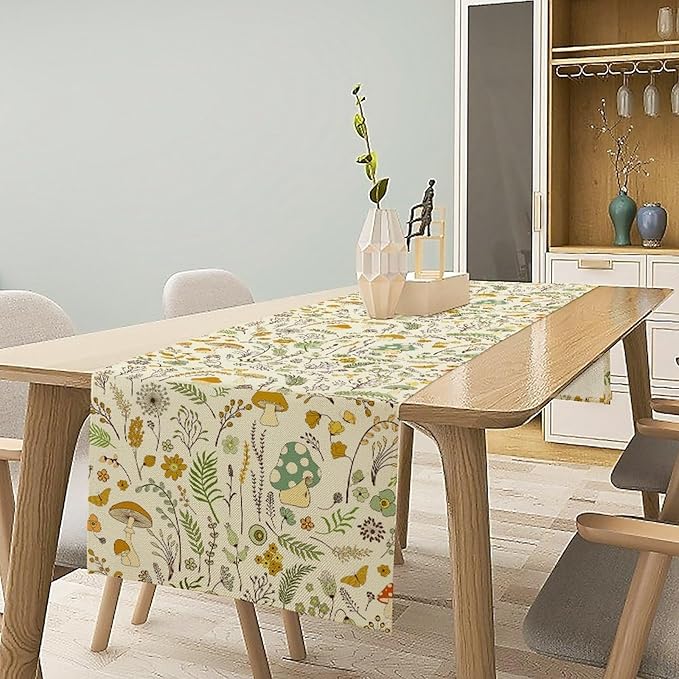 Wild Mushroom Table Runner, Vintage Botanical Rustic Retro Wildflower Herbs Plants Green Mushroom Table Cover for Home Kitchen Dining Decor Indoor Outdoor Party, 13x90inch