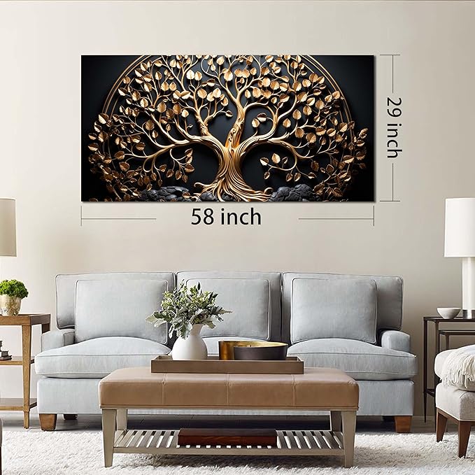 Tree Pictures Wall Decor Bedroom Black and Gold Wall Art for Living Room Large Wall Art for Office Large Size 29" x 58"