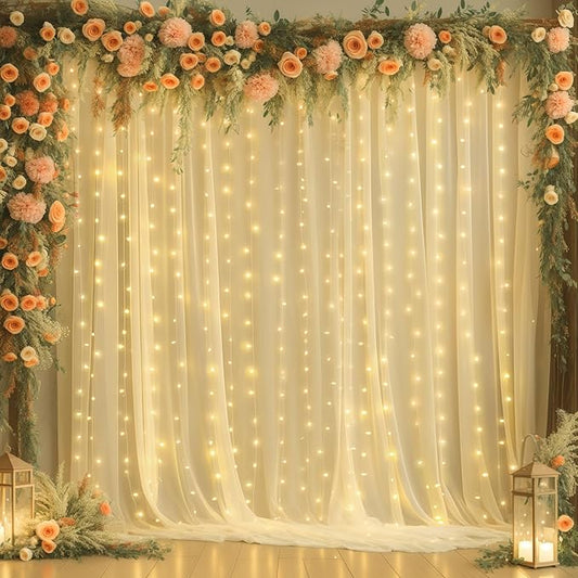 gogoparti 20x10ft Champagne Tulle Backdrop Curtains with Lights for Party Wedding Baby Shower, Sheer Wrinkle Free Backdrop Curtains for Birthday Party Photo Booth Background Decoration