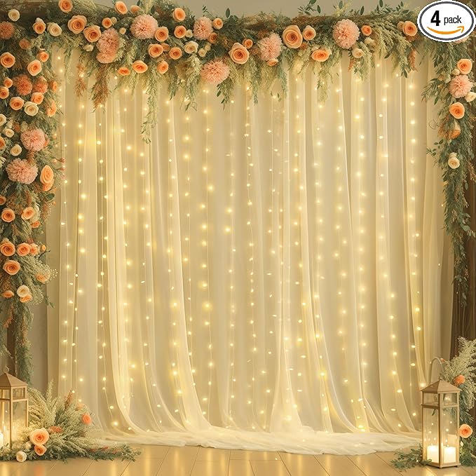 20x8ft Champagne Tulle Backdrop Curtains with Lights for Party Wedding Baby Shower, Sheer Drape Backdrop Curtains for Birthday Party Photo Booth Background Decoration