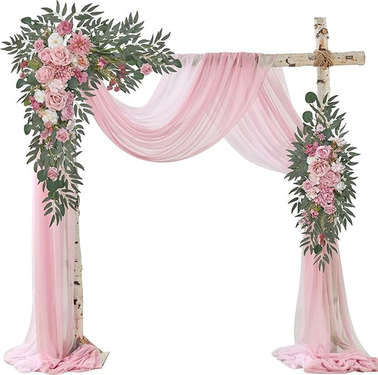 Wedding Arch Flowers with Drapes Kit (Pack of 4) - 2pcs Artificial Lilac Deluxe Swag with 2pcs Sheer Drapes for Wedding Ceremony Backdrop Rose Floral Decoration Arbor Reception