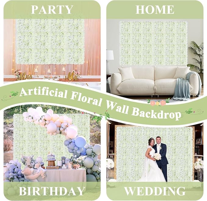 FUHSY Flower Wall Backdrop White Rose Wedding Backdrop 3D Floral Wall 12 PCS 15X15 Inch Artificial Flower Wall Panels Flower Photo Background for Bridal Shower Party Arrangement Event Decorations