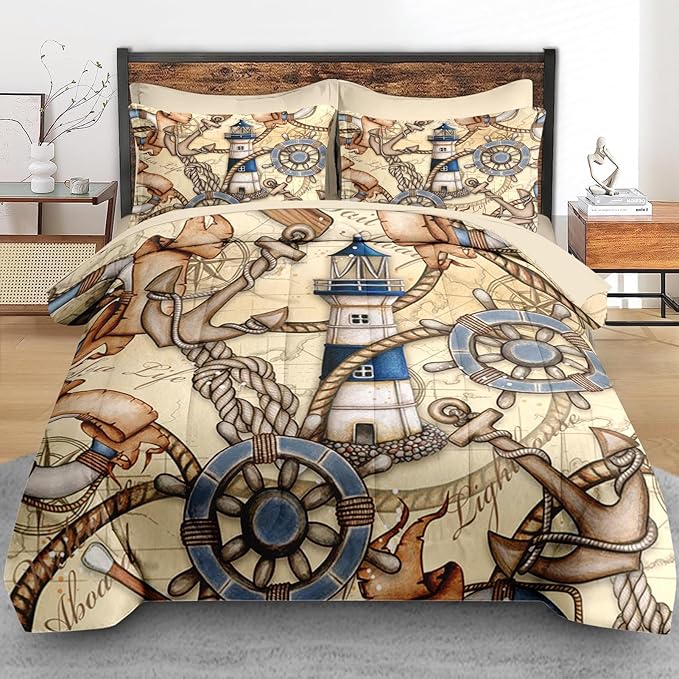 Comforter Set Queen Size, Vintage Nautical Lighthouse Map 7 Pcs Bedding for Kids and Adults, Retro Anchor Beige Bed Sheet Sets with Fitted Sheet 2 Pillowcase & 2 Sham for Bedroom Bed Decor