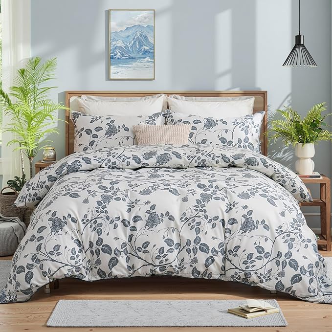 Bedding_Dreamer Comforter Set King Size Botanical Leaf Comforters 100% Cotton Comforter Blue Floral Bedding Sets Soft Breathable 3 Pcs