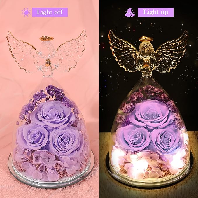 Preserved Flower Rose Gifts for Women, Forever Eternal Fresh Flowers in Glass Angel Figurines Real Purple Roses for Delivery Prime for Grandma Mom Sister Her Wife on Mothers Day Birthday Christmas