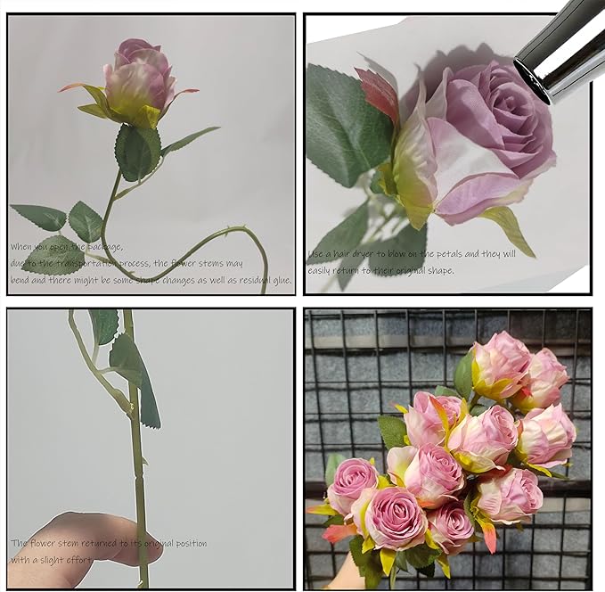 Artificial Roses 10 Pcs - Lifelike Single Stem Fake Roses with Natural Petal Texture,Fade-Resistant Silk Flowers for Wedding Decor,Home Vase Arrangements,Party Centerpieces(10, Pale Purple)