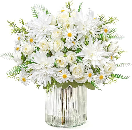 4PCS Artificial Flowers Dahlia Bouquet Fake Flowers White Silk Roses Daisies Faux Floral Arrangements for Dining Table Centerpieces for Kitchen Bridal Bouquet Wedding Party Home Decor