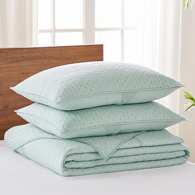 Levtex Home Cross Stitch Reversible Full Bedspread Set (100x104in) with 2 Pillow Shams (26x20in) - Stitch Texture - Blue Haze - Cotton Full Size Bedspread Set - Lightweight, Soft, Pre-Washed