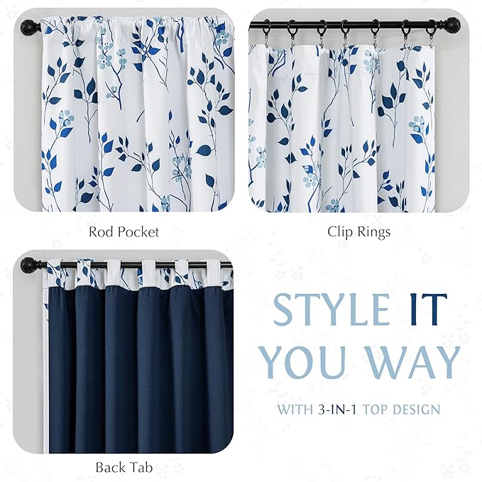 Beauoop Floral 100% Blackout Curtains 96 Inches Long 2 Panels for Bedroom Living Room Navy Blue and White Flower Patterned Room Darkening Thermal Soundproof Rod Pocket Back Tab Window Drapes, 52X96