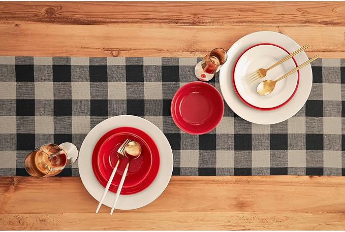 Solino Home Linen Checkered Table Runner 120 Inches Long - 100% Pure Linen Natural and Black Buffalo Check Table Runner 14 x 120 Inch Ideal for Dining, Spring