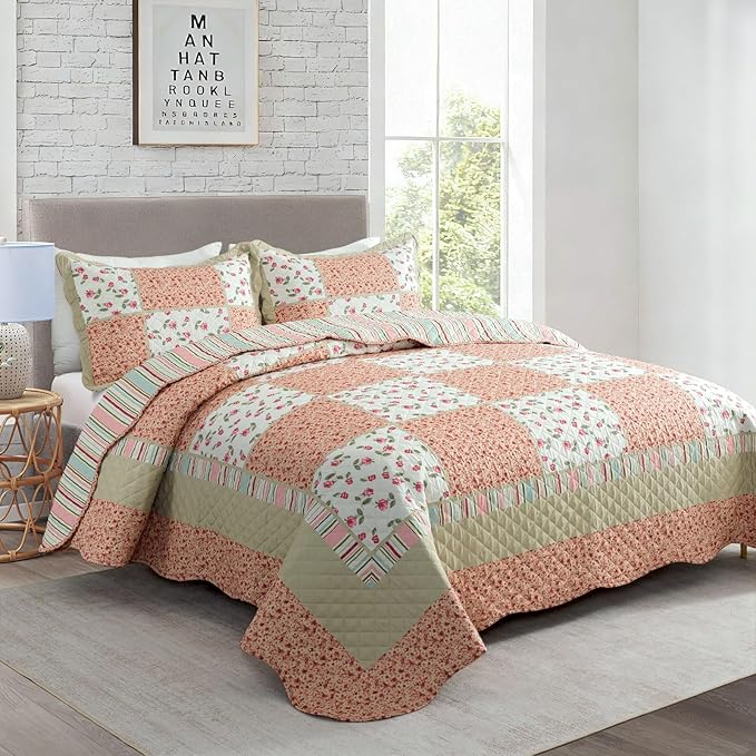 Travan 3-Piece Quilt Set Quilted Bedspread Lightweight Coverlet Set Patchwork Floral Oversized Reversible Soft Quilted Bedding Coverlet Set for All Seasons, Queen Size