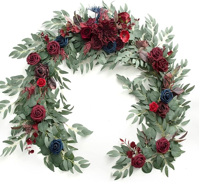 Ling's moment Flower Garland - 6FT Eucalyptus & Rose - Sweetheart Table Decor for Wedding Reception, Artificial Floral Garland for Mantle, Thanksgiving, Christmas Decoration, Burgundy & Navy