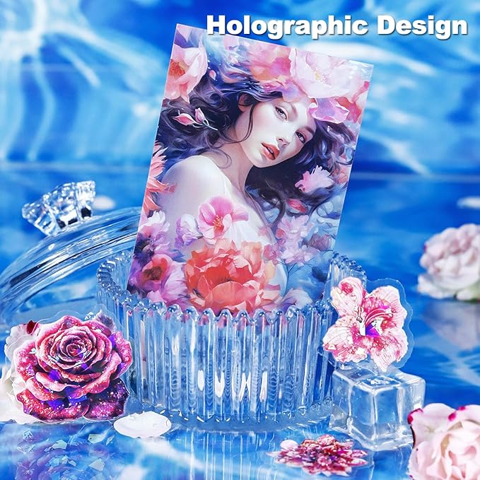 90Pcs Floral PET Stickers, Fantasy Holographic Stickers for Scrapbooking, DIY Crafts, Journaling Supplies & Junk Journal Ephemera
