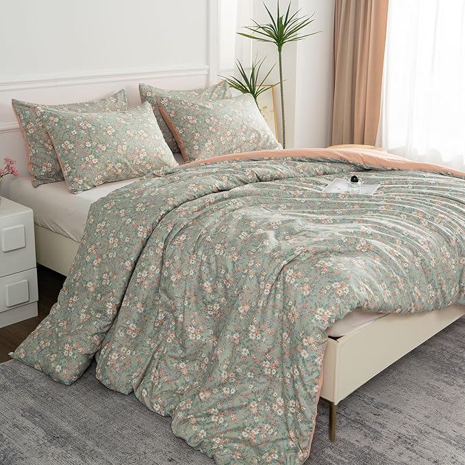 Floral Queen Comforter Set 3 Pieces Soft Chic Garden Style Vintage Floral Print Lightweight Botanical Flower Comforter Set for All Seasons 1 Comforter and 2 Pillowcases (Queen)