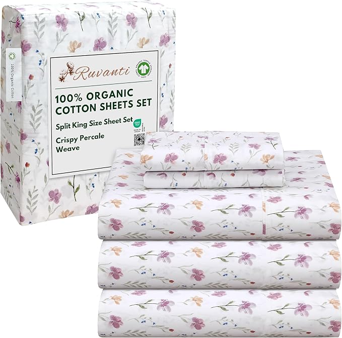 RUVANTI 100% Organic Cotton Sheets Split King, Percale Weave, GOTS Certified, 5-Piece Set, Deep Pocket 15", Crisp & Breathable, Soft Durable Bedding, Sábanas Algodón Orgánico – Obsessed Stems