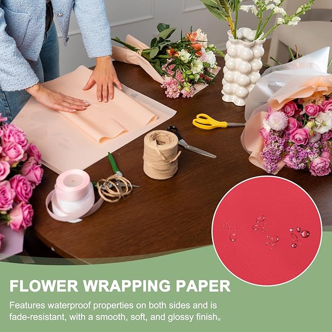 PATIKIL 22.8 x 22.8 Inch Flower Wrapping Paper, 20 Pcs Iridescent Double Sided Florist Bouquet Packaging Waterproof Florist Supplies DIY Crafts Gift Packaging Gift Box Wedding, Light Red