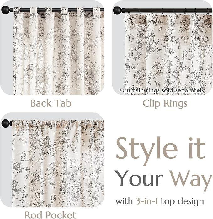 jinchan Linen Blend Curtain Floral Curtains for Living Room 96 Inch Length Black Printed Curtain Rod Pocket Back Tab Farmhouse Peony Flower Patterned Drapes Bedroom Window Curtains Set 2 Panels