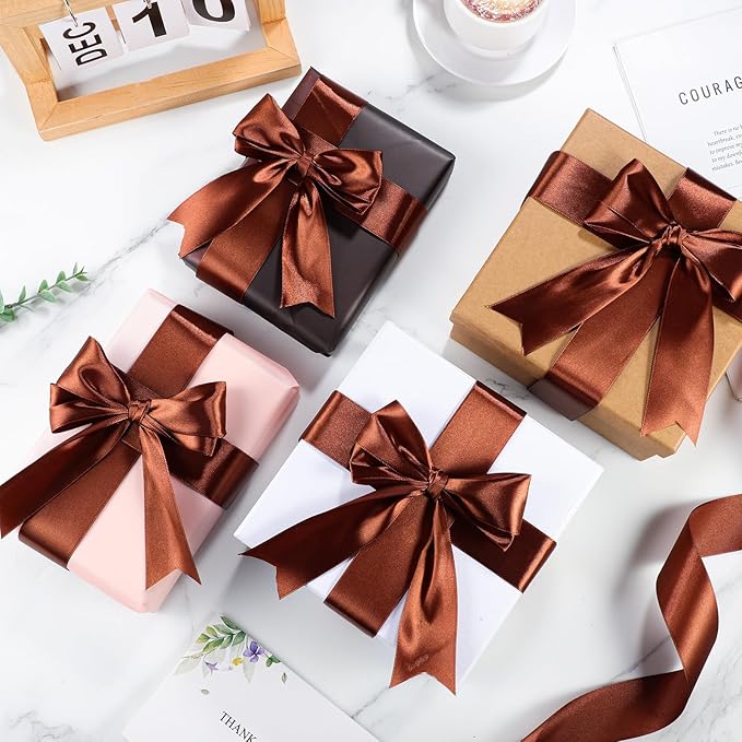 Brown Ribbon 60 Yards 1 1/2 Inch Brown Satin Ribbon for Fall Decor Gift Wrapping Flower Bouquet Bows Crafts Wedding Christmas Decorations