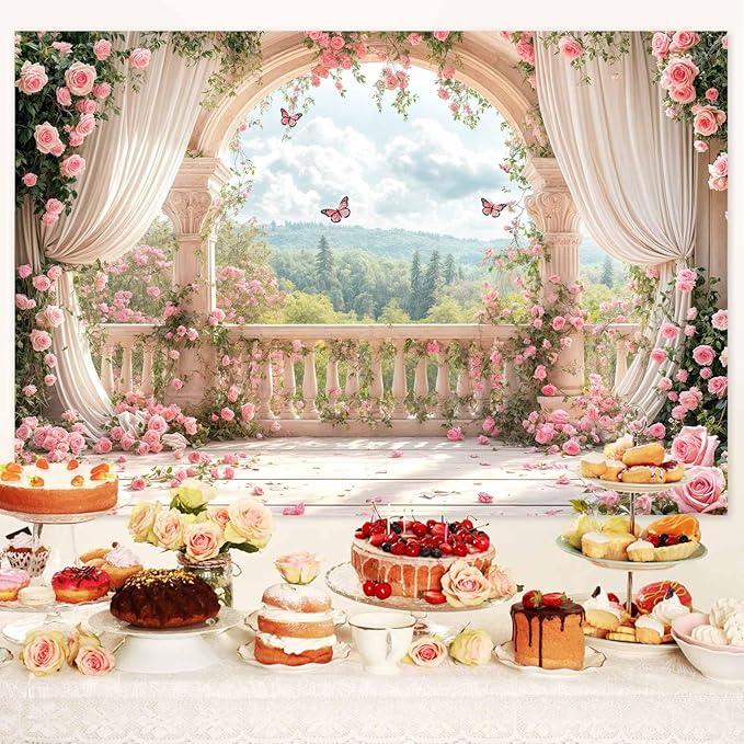 8X6ft Pink Floral Photography Backdrop, Retro Flowers Photography Backdrop Dreamlike Wedding Portrait Photo Background Wedding Birthday Party Background Banner Decor, Pink-1