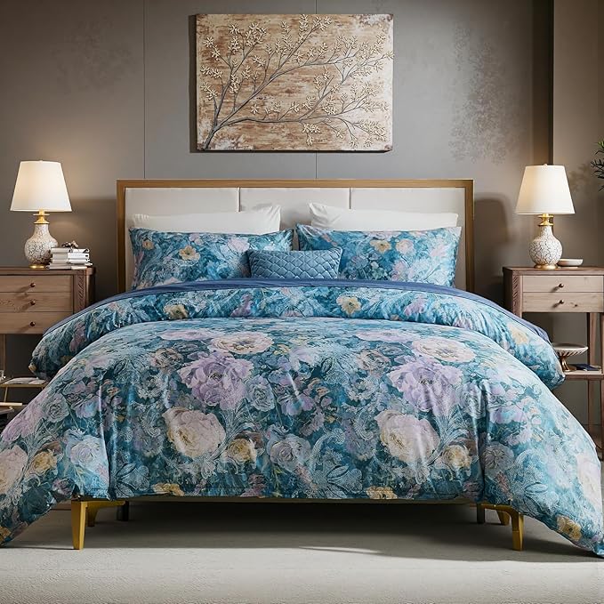 100% Cotton Duvet Cover King Size – Navy Blue Watercolor Floral Duvet Cover Set with Zipper Closure & Corner Ties, 3-Piece Silky Soft & Breathable Bedding Set for All Seasons
