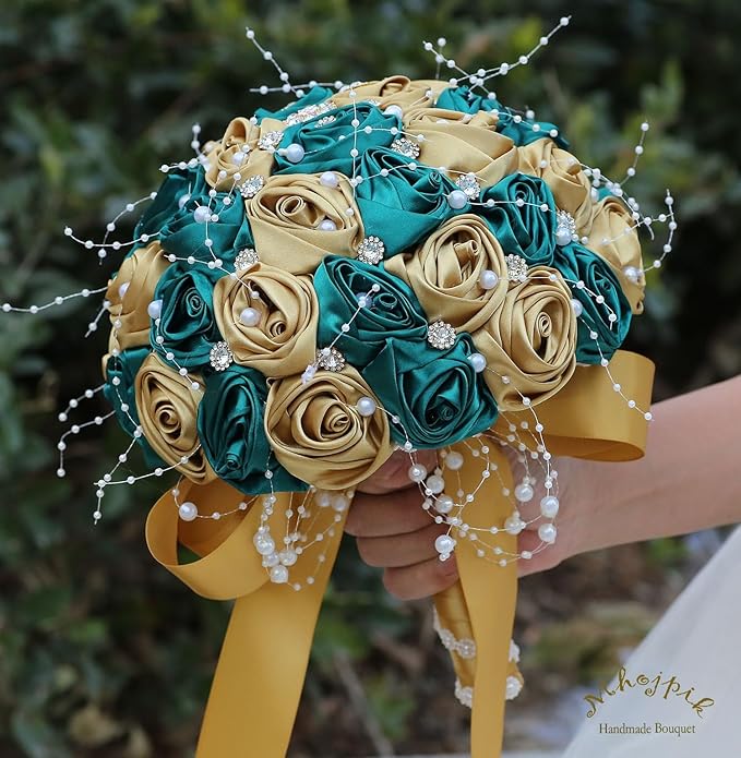 Bridal Wedding Bouquet Round Bling Brooch Bouquet Throw Toss Artificial Rose Flower Bunch for Bride Bridesmaid Wedding Quinceanera(Dark Green & Gold, 6.3")