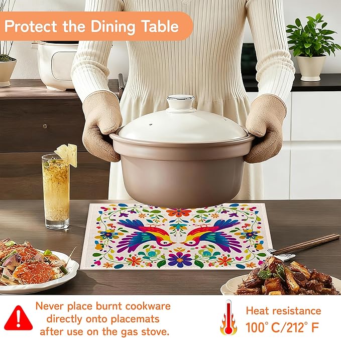 Colorful Bird Table Mats Set of 6,Mexican Style Non-Slip Washable Placemats for Restaurant Home Kitchen Dinner Table 12x18Inch