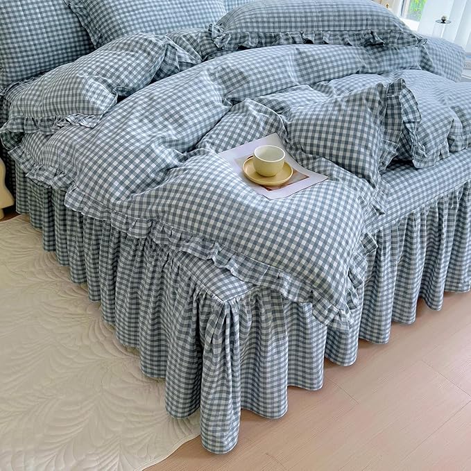 LifeTB Blue Gingham Comforter Set King 3 Pieces Ruffle Plaid Checkered Pattern Comforter Chic Gingham Bedding Set Fluffy Soft Grid Plaid Bedding Comforter Farmhouse Checkered Comforter Set King
