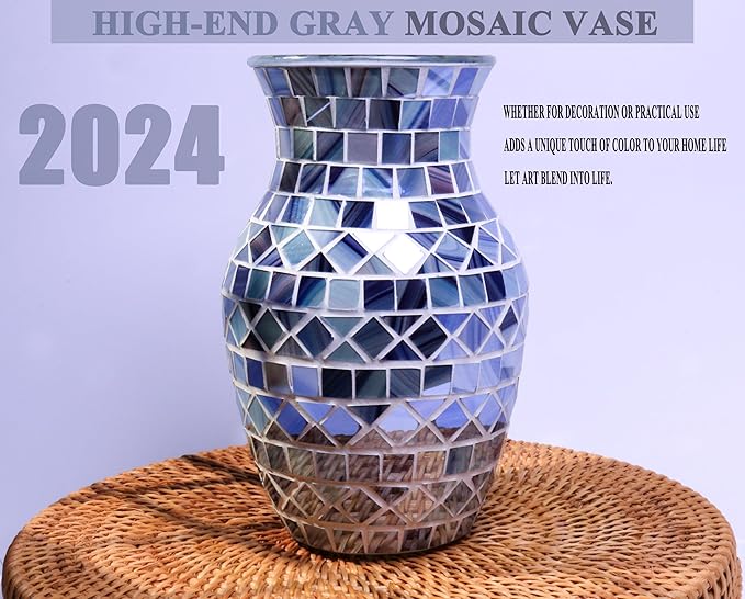 8" H Gray Blue Mosaic Vase.Exquisite Craftsmanship.Decor Home Modern Midsize All Handmade Mosaic Vases .Beautiful Glass Vase for Home&Office Decor.Unique Gift