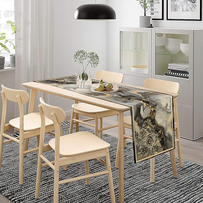 Grey Marble Flower Table Runner, Black Grey Marble Golden Veins Abstract White Natural Texture Floral Dinner Runner Table Decoration for Home Kitchen Dining Holiday Party 13x108in