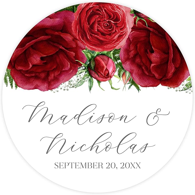 Personalized Floral Wedding Stickers with Your Choice of 30 Flower Styles - Choose Font and One of Five Pre-made Phrases or Add Custom Text (018 - Red Roses)