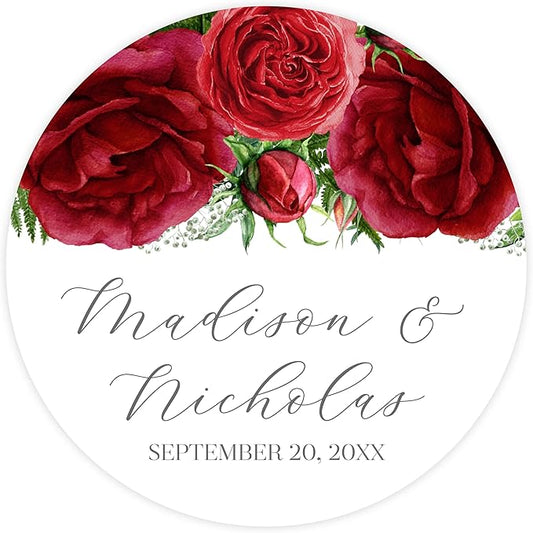 Personalized Floral Wedding Stickers with Your Choice of 30 Flower Styles - Choose Font and One of Five Pre-made Phrases or Add Custom Text (018 - Red Roses)