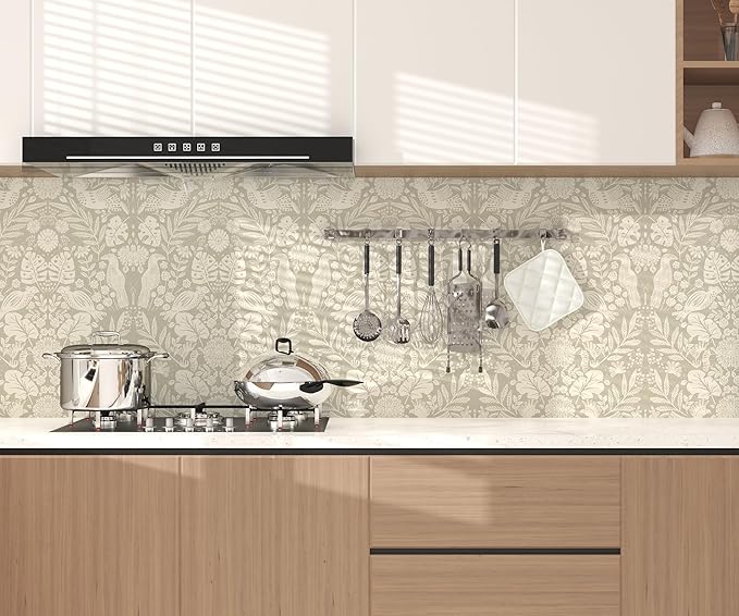 Boho Wallpaper Peel and Stick Wallpaper Vintage Leaf Contact Paper Self Adhesive Wall Paper Removable 17.3" X 393"Beige Art Decoration Floral Wallpapers for Bedroom Home Kitchen Cabinets Vinyl