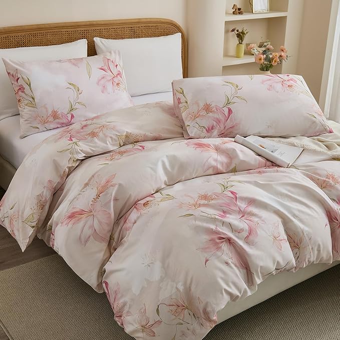 100% Cotton Duvet Cover Queen Size – Elegant Blush Lily Pink Floral Duvet Cover Set with Zipper Closure, 3-Piece Soft Breathable Natural Cotton Bedding Set for All Seasons